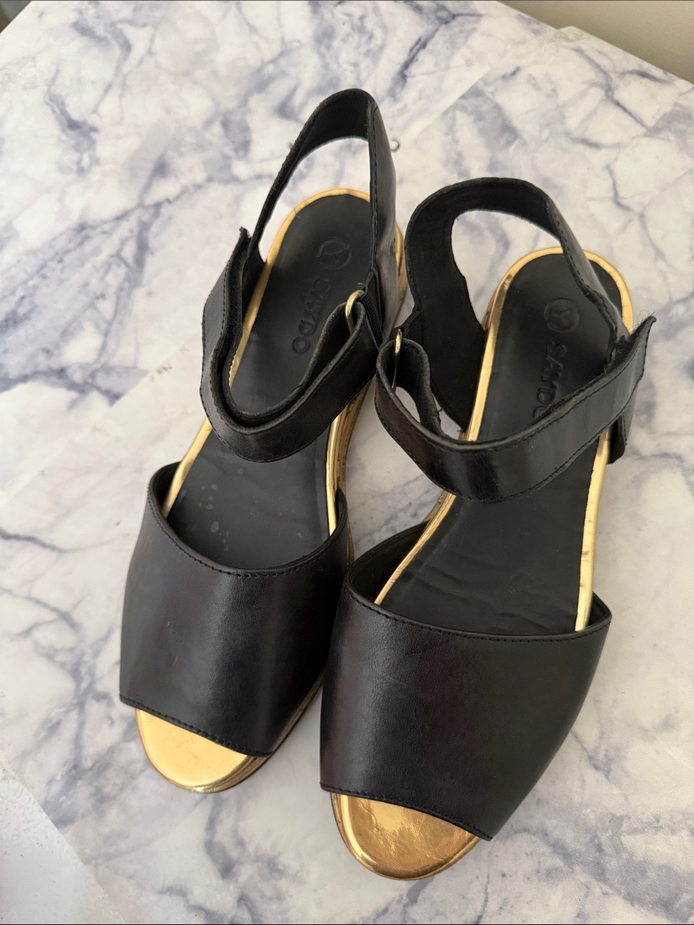 Black Leather Slingback Sandals with Gold Footbed Trim